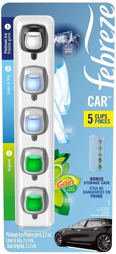 Febreze Car Air Freshener 5 Count Platinum, Linen &amp; Sky, Gain Original Vent Clips