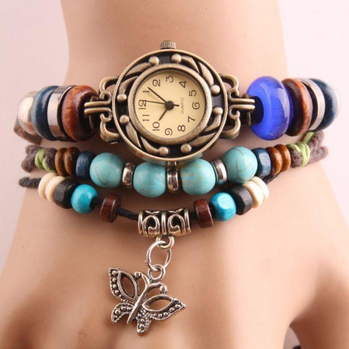 Vintage Female Style Watch with Butterfly Pendant and Knitting Leather Watch Band