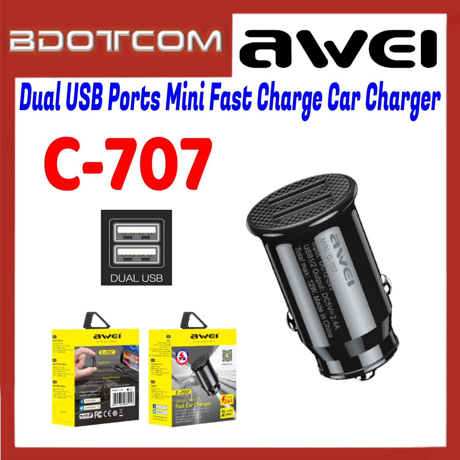 Awei C-707 2.4A Dual USB Ports Smart Mini Fast Charge Car Charger for Samsung