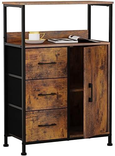Furnulem Industrial Storage Cabinet with 3 Drawers and Door,2 Tiers Shelves Wood Office Cabinet with Sturdy Frame Sideboard for Bathroom,Entryway,Office,Kitchen