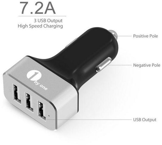 1byone 7.2A / 36W 3-Port USB Car Charger with Smart IC Adapts Black