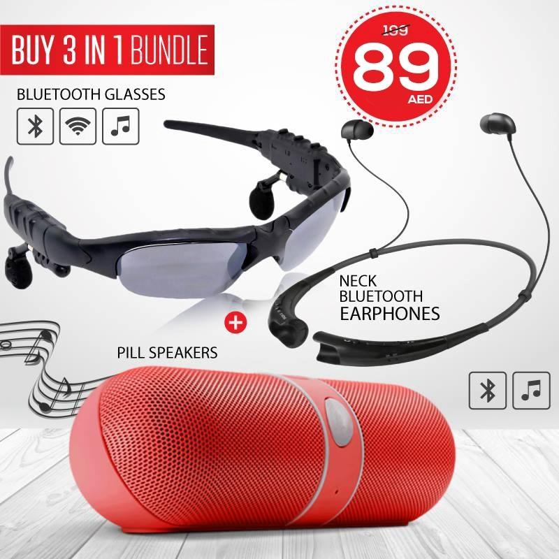 Buy 3 IN 1 Bluetooth headphone Sunglasses, Neck Earphones, Pill Speakers DBB10076