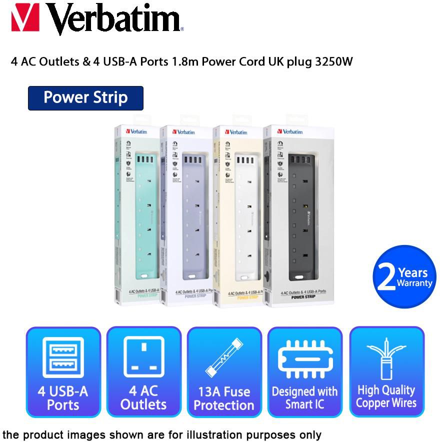 Verbatim 4 AC Outlets &amp; 4 USB A Ports 1.8m Power Cord UK plug 3250W (4 Colors)