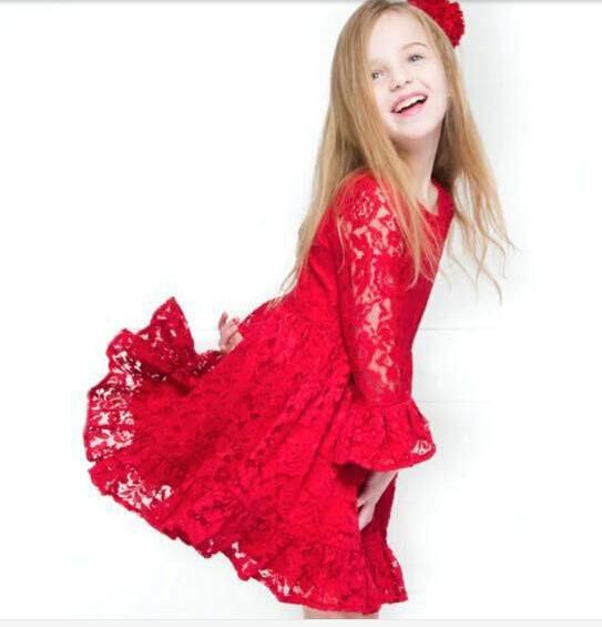 Koolkidzstore Girls Top Long Sleeve Lace Dress 2-7Y (Red)