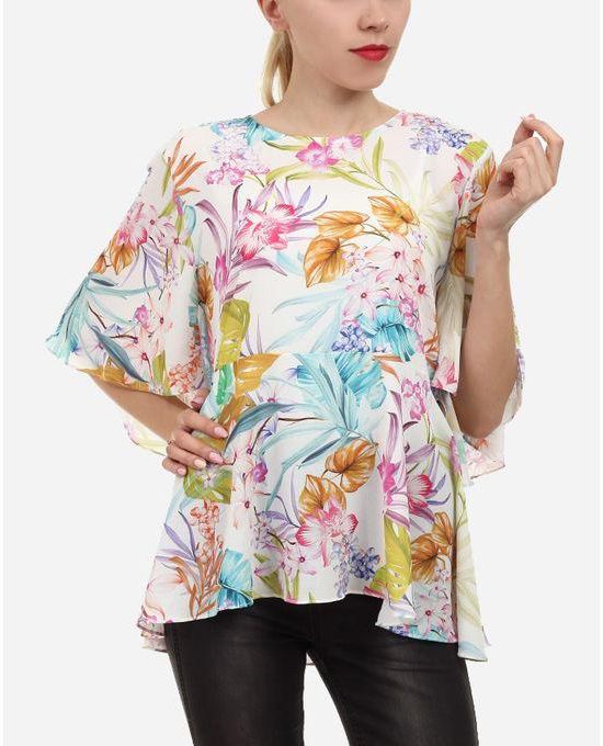 Femina Floral Butterfly Sleeves Blouse - White, Orange, and Purple