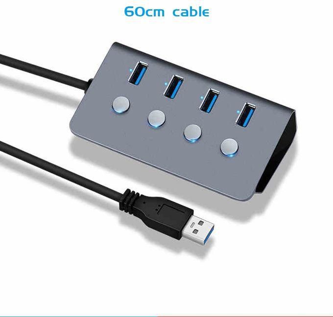 （60cm No Charger）Sub-control Switch 4-Port USB 3.0 HUB Aluminum Alloy 60/100/150cm Cable Upto 5Gbps Multi USB Splitter For Desktop Laptop