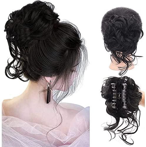 Goodern 2 Pcs Messy Bun Hair Extensions Claw Clip Bun Hair Pieces Synthetic Curly Hair Bun Wig Claw in Short Ponytails Hairpieces Updo Hair Scrunchie Chignon for Women Girls Travel Daily Wear-Black