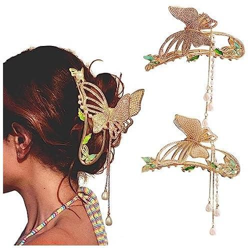 Goodern 2 PCS Non Slip Strong Metal Butterfly Hair Clips Set,Retro Metal Large Hair Clamps Elegant Pearls Tassel Claw Clips Multi-Color Hair Holder Cute Hair Fashion Headwear Gifts for Women Girls