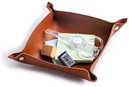 Leather Jewelry Valet Tray, Portable Entryway Table Tray Bedside Nightstand Desk Tray Small Catchall Travel Dish Plate for Key, Wallet, Watch, Coin, Lipstick (Brown)