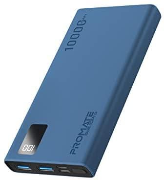 شاحن باور بانك محمول رفيع بشاشة ال اي دي ذكية بسعة عالية 10000 مللي امبير في الساعة مع منافذ USB مزدوجة منفذ ادخال/مخرج 10 وات النوع سي وشحن تكيفي آمن للهواتف الذكية من بروميت، بولت 10 برو، لون أزرق