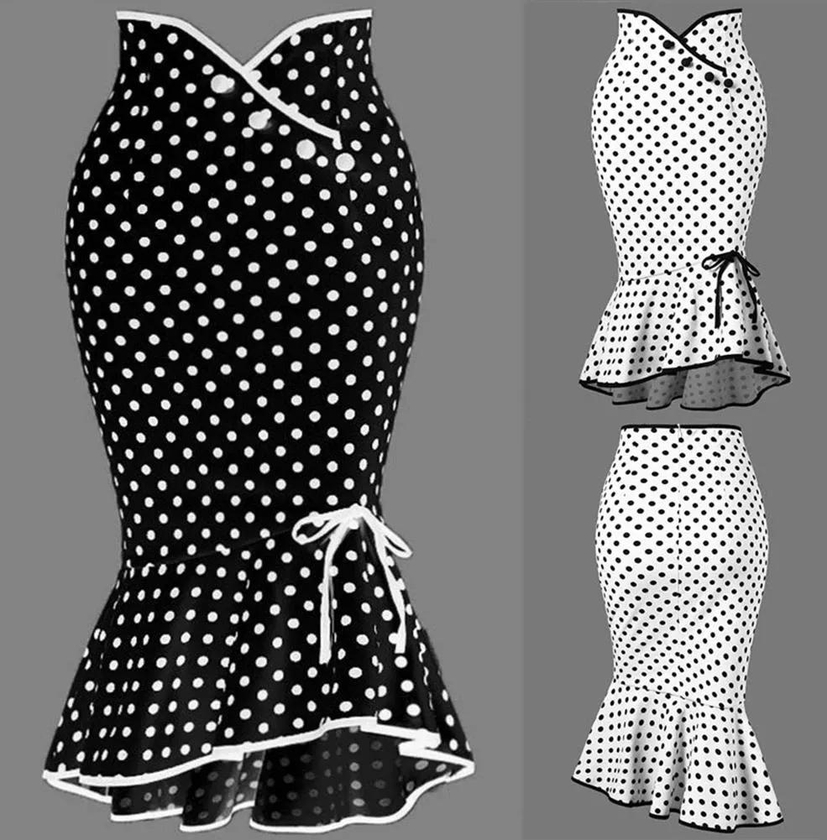 Polka Dot Elegant office lady skirt women trumpet mermaid vintage skirts bodycon high waist skinny ruffles female Midi Skirts