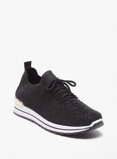 Embellished Low Ankle Sneakers with Lace-Up Closure