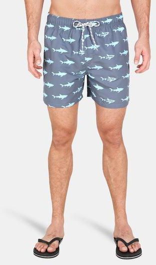 Casual Board Swim Shorts Shark Prints Grey