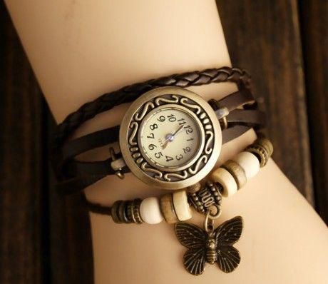 Butterfly Women Genuine Leather Vintage Watch bracelet Wristwatches(Coffe)