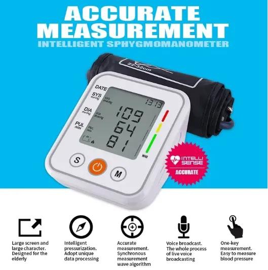 FMACM Upper Arm Blood Pressure Monitor LCD Digital Automatic Tonometer Sphygmomanometer Cuff Heart Rate Monitor Manometer White