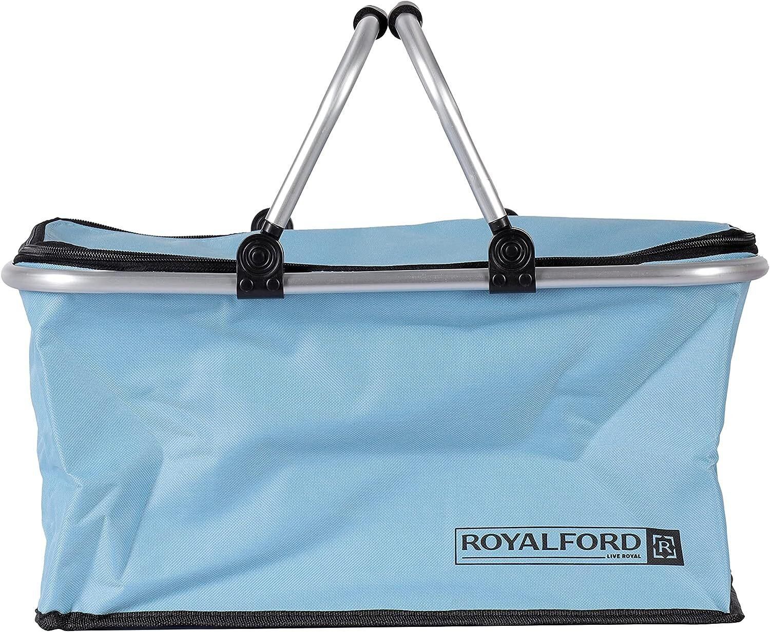 Royalford 30L Insulated Picnic And Grocery Basket- Rf11375 Multi-Purpose Utility Basket With Aluminum Handle And Lid Break-Resistant, Light-Weight, Stylish Construction Blue