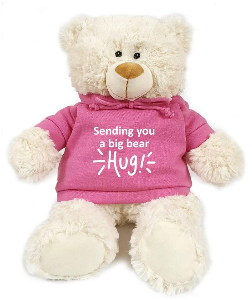 Caravaan - Cream Bear w/ Sending You A Big Bear Hug Print on Pink Hoodie 38cm