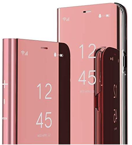 ISADENSER Compatible with Oppo A15 Case Flip Cover Clear View Flip Plating Mirror Makeup Glitter Slim Shockproof Full 360 Body Protective Kickstand Mirror Phone Case for Oppo A15 Mirror Rose Gold