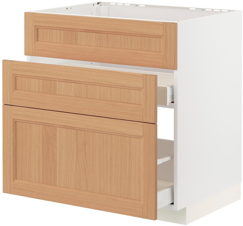 METOD / MAXIMERA Base cab f sink+3 fronts/2 drawers - white/Vedhamn oak 80x60 cm