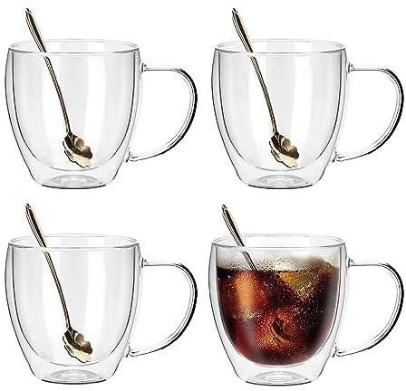 JNSMFC Double Walled Glass Coffee Mugs with 4 Spoons,250ML Set of 4 Insulated Glass Coffee Mugs with Handle,Clear Coffee Cups for Cappuccino,Espresso,Latte,Tea,Heat Resistant Glasses for Drinking