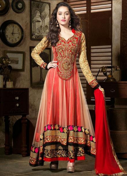 Embroidered Georgette Semi Stitched Salwar Suits Indian Dress Beige and Red SL0077