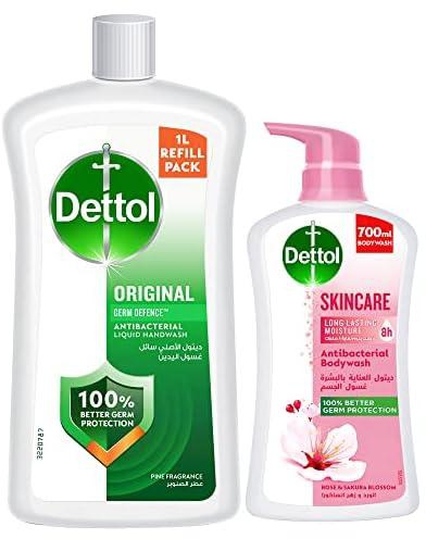 Dettol Skincare Showergel & Bodywash Liquid For Effective Germ Protection & Personal Hygiene, Rose & Sakura Blossom Fragrance 700Ml + Dettol Original Hand Wash Liquid Soap Refill, 1L