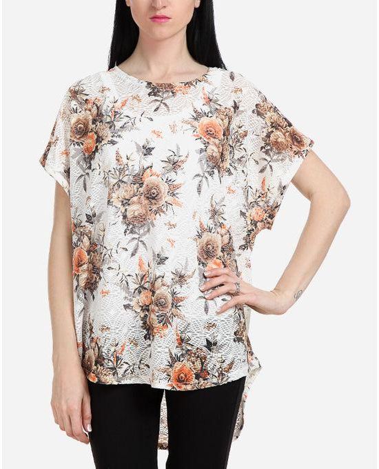 Femina High-Low Floral Top - Off White & Beige