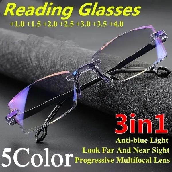 Men Women Rimless Reading Glasses Bifocal Far Near Anti Blue Light Magnification Glasses Presbyopia