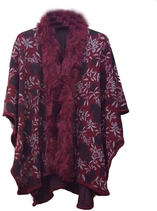 Red Mixed Materials Poncho For Women