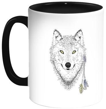 قدح قهوة مطبوع عليه رسم كرتوني لذئب أبيض/ أسود 11أوقية