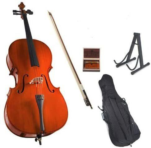 Mike Music Cello with Soft Case, Stand, Bow, Rosin, Bridge, Size 4/4 Natural (Size-4/4 Full size)