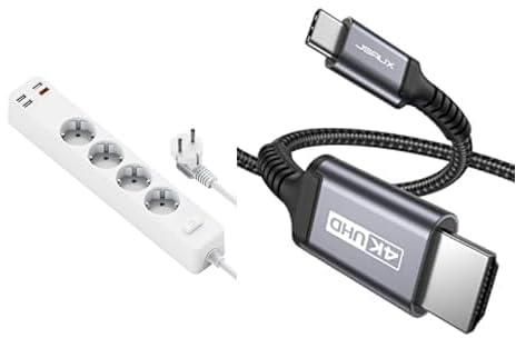 مشترك كهرباء U01EU يدعم PD بقوة 20 وات و4 منافذ و3 منافذ USB من ويفو، فيشة أوروبي - أبيض + كابل USB نوع C إلى HDMI بطول 2 متر، كابل USB نوع C إلى HDMI بدقة 4 كيه/سلك (متوافق مع ثاندربولت 3) - رمادي)