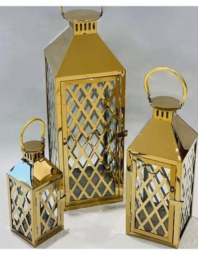 Set of 3 candle lanterns with a triangle design, of premium and luxurious materials, golden/transparent
