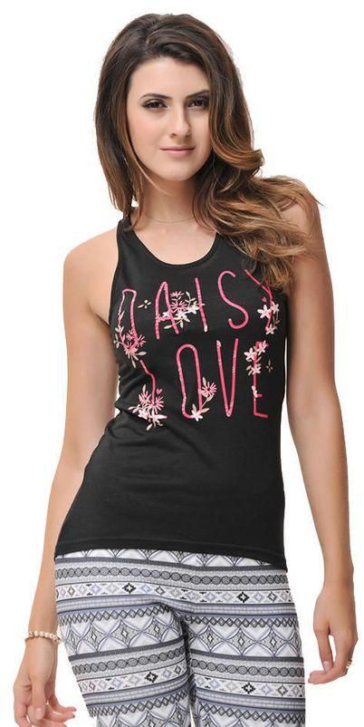 Women Black Tank Top With Front Prints