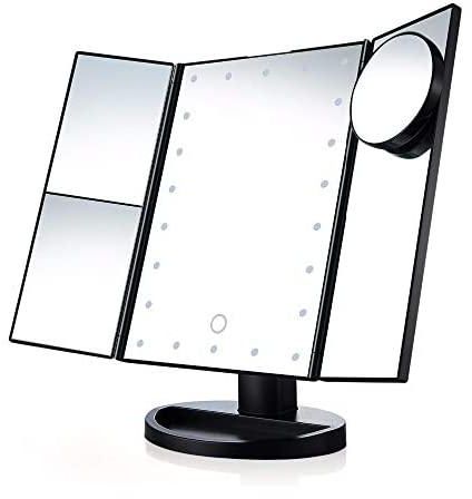Lighted Makeup Mirror with 10X/3X/2X/1X Magnification, Trifold Vanity Mirror with 22 LED Lights, 180 Degree Free Rotation & Touch Screen Control, Dual Power Supply Travel Countertop Cosmetic Mirror