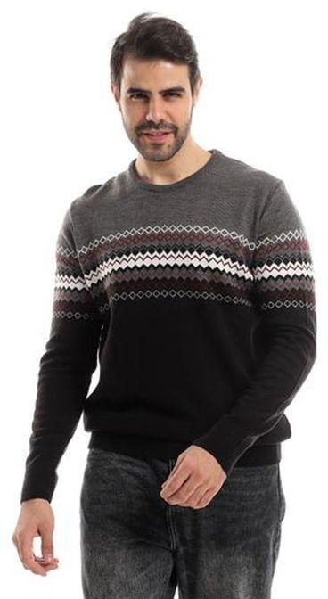 Ted Marchel Heather Charcoal, Black & Burgundy Self Patterned Round Neck Pullover