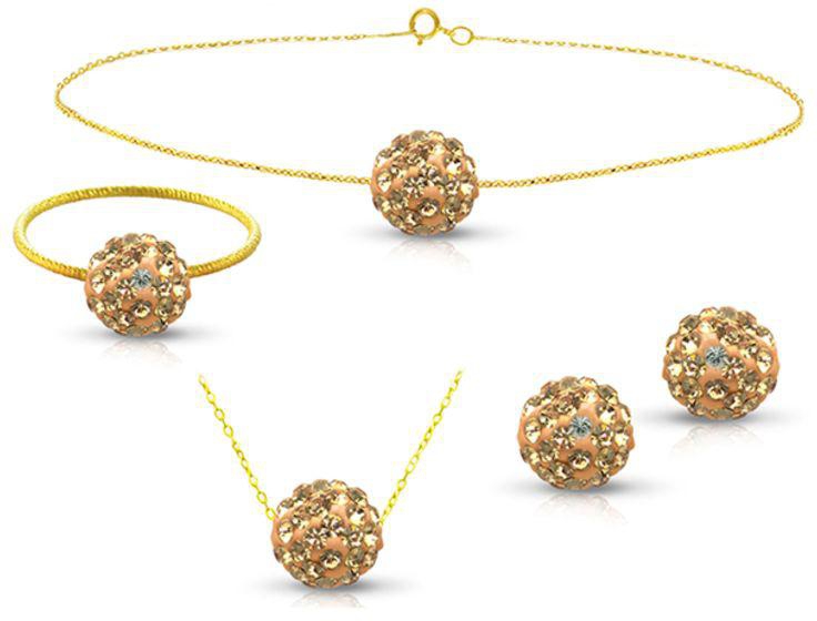 18 Karat Solid Yellow Gold Simple 10 mm Crystal Ball Earrings With Pendant Necklace, Bracelet And Ring