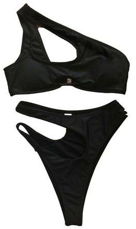 Hollow Out One Shoulder Bikini Set Black