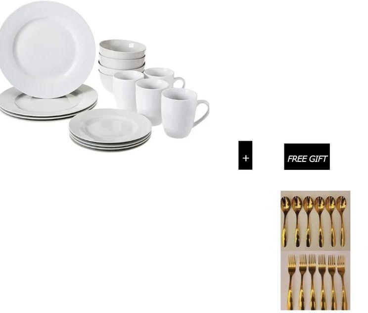 Dinner Plate Set 16 Pieces White And Free Gold Spoon & Fork