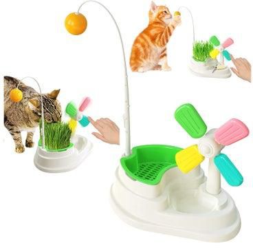 Cat Toys for Kittens, Interactive Funny Cat Desktop Toy with Rotating Windmill, Funny Cat Ball, Cat Grass Planter Box, Funny Cat Pole, Storage Function, Cat Decompression Toys for Cat, Kitty
