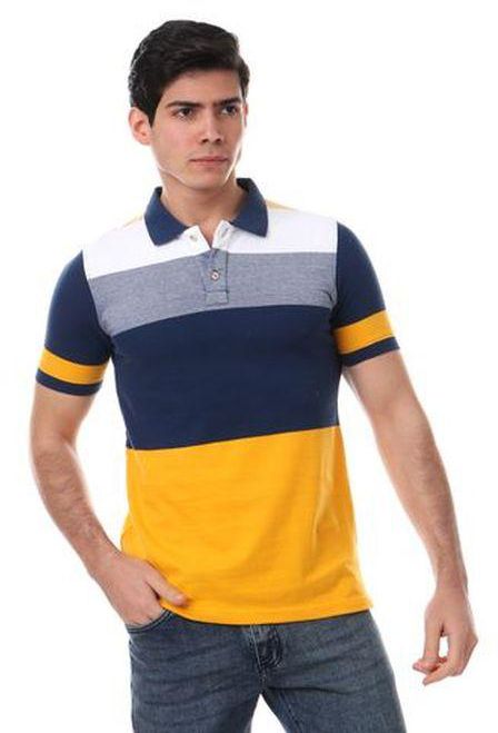 Andora Half Sleeves Striped Polo Shirt - Navy Blue & Mustard