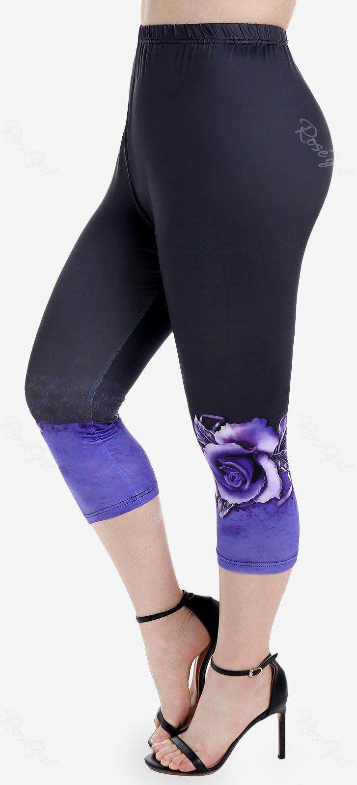 Plus Size Colorblock Rose Print Capri Leggings - 5x | Us 30-32