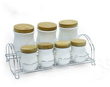 Spices and Seasonings Jars Set with Stand, Perfect Design, 8 Pieces White/Wooden/Silver
