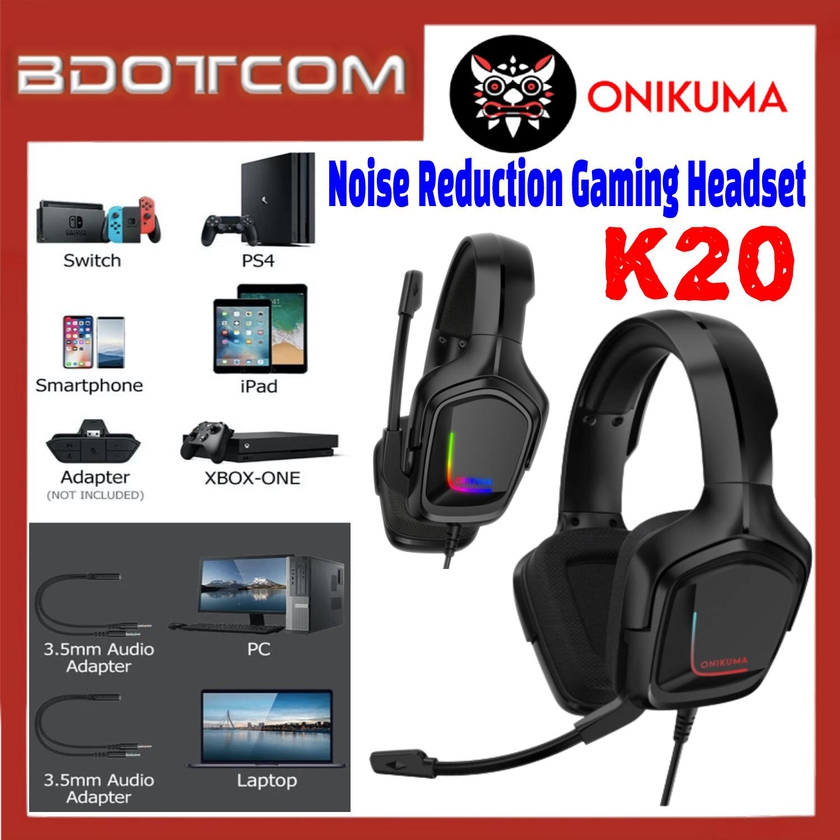 Onikuma K20 RGB LED Light Stereo Noise Reduction 3.5mm Audio Jack Gaming Headset