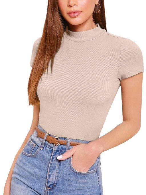 Nileton Ribbed Knit Mock Neck Crop Top - Cap Sleeve - T-shirt For Women