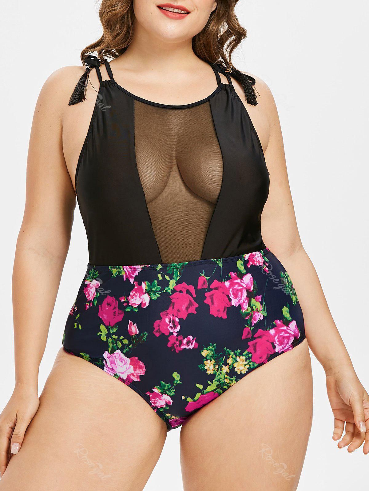 Sheer Mesh Panel Floral Print Tassels Plus Size & Curve 1950s One-piece Swimsuit - 4x