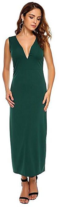 Sunshine Cyber Women Deep V-Neck Sleeveless Solid High Waist Bodycon Slim Pencil Long Dress ( Dark Green )