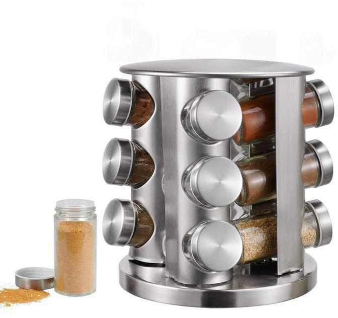 Rotating Spice Rack Organizer with 12 Jars - Revolving Standing Seasoning Tower with 12 Glass Bottles for Countertop Kitchen Cabinet, Stainless Steel, Silver