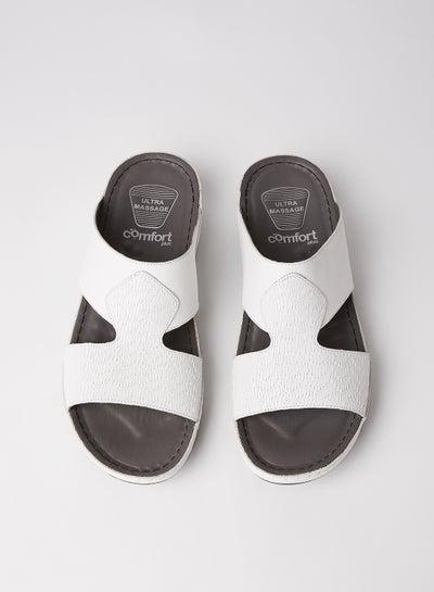 Textured Wide Strap Leather Sandals White