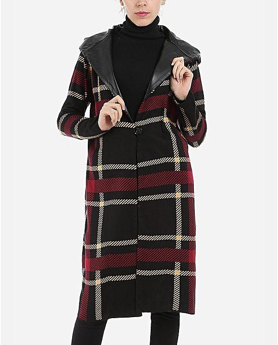 Bella Donna Knit Coat In Burgundy And Camel Stripes-Black
